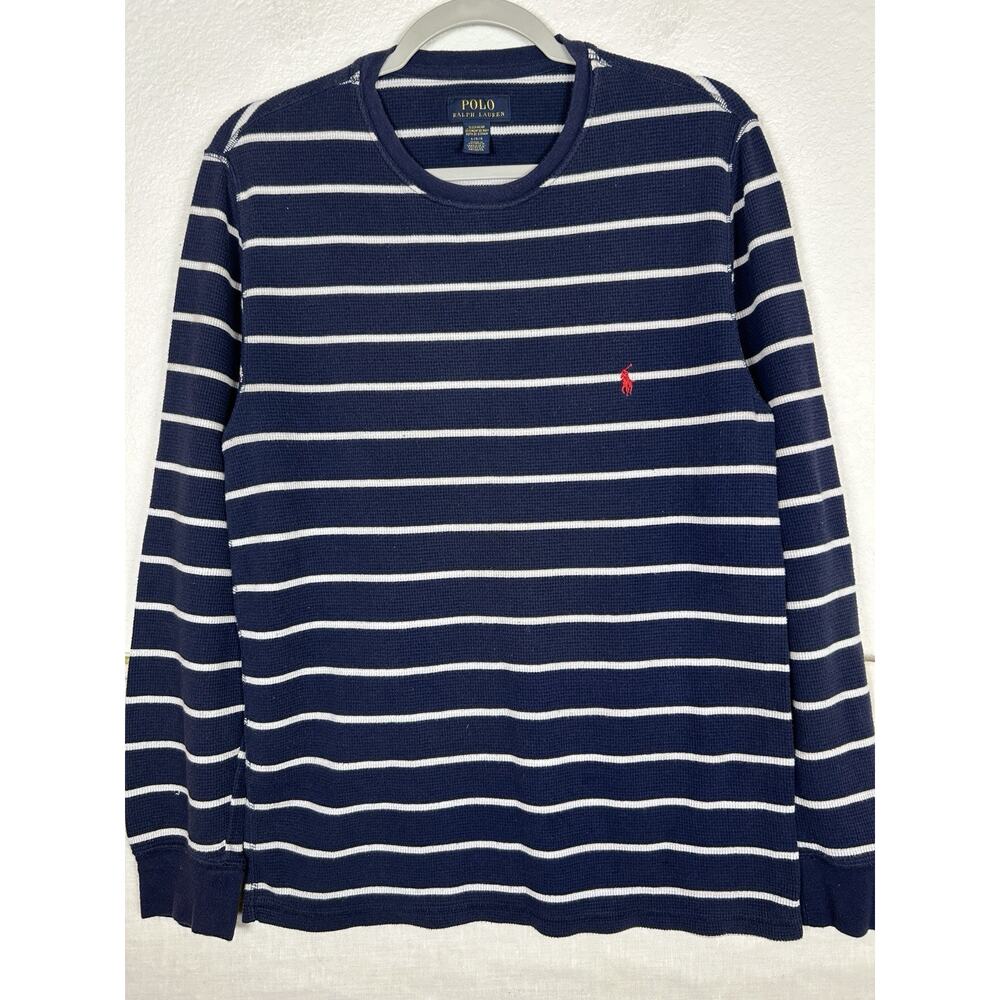 RALPH LAUREN POLO STRIPE BLUE WAFFLE BASE LAYER THERMAL quiet luxury Mens Sz L